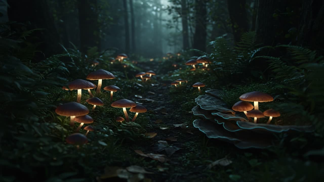 A Mysterious Forest Pathway Illuminated by Bioluminescent Mushrooms, Capturing the Enchantment of Nature and the Intricacies of a Dreamlike Environment
