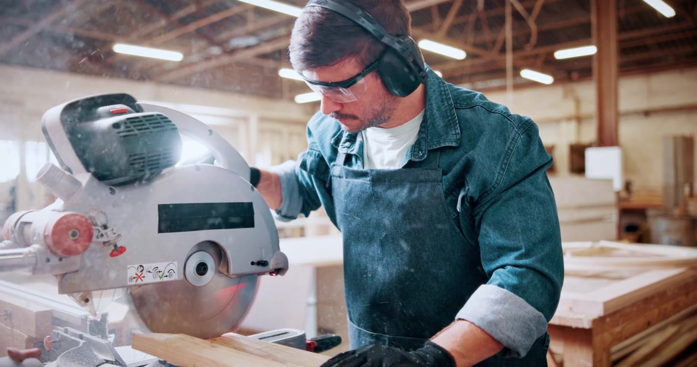Carpenter Cutting Wood Plank with Miter Saw in Workshop