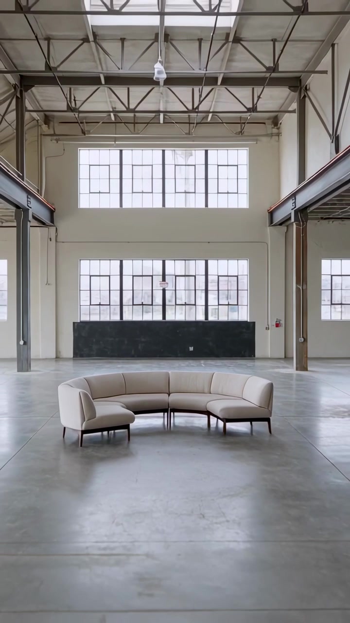 Vertikal video: Kameraet trækker sig tilbage og viser en modulær buet sofa og vinduer for at vise størrelsesforholdet i en loftslejlighed.