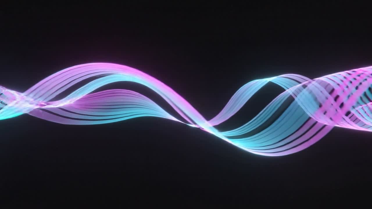 Bande ciano-magenta che iniziano animando nastri luminosi che si spostano, attraversando un vuoto oscuro e aggiungendo profondità.
