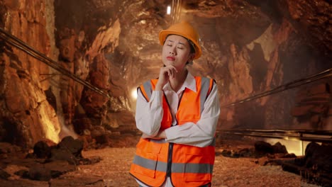 concerned woman miner in a tunnel