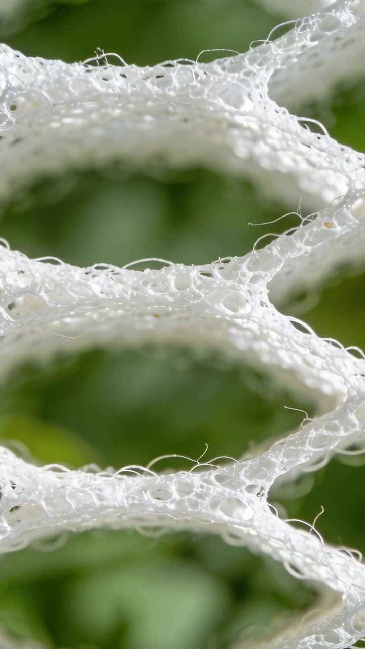 Video verticale: Telecamera in movimento che si concentra su una rete a celle aperte bianca in un giardino, rivelando fili fibrosi.