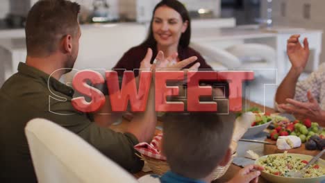 animación de texto dulce en rojo sobre una familia feliz de varias generaciones hablando en la mesa de la cena en casa