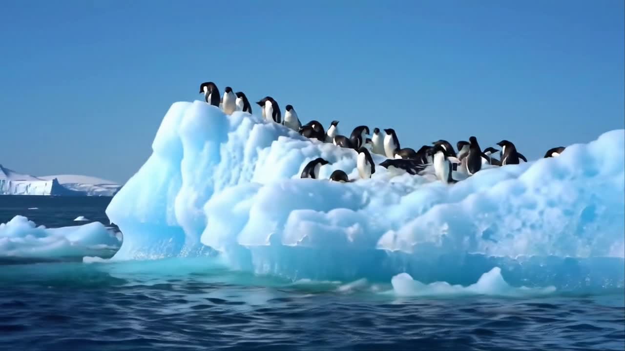 Colony of Penguins Standing on a Large Blue Iceberg in the Antarctic Ocean