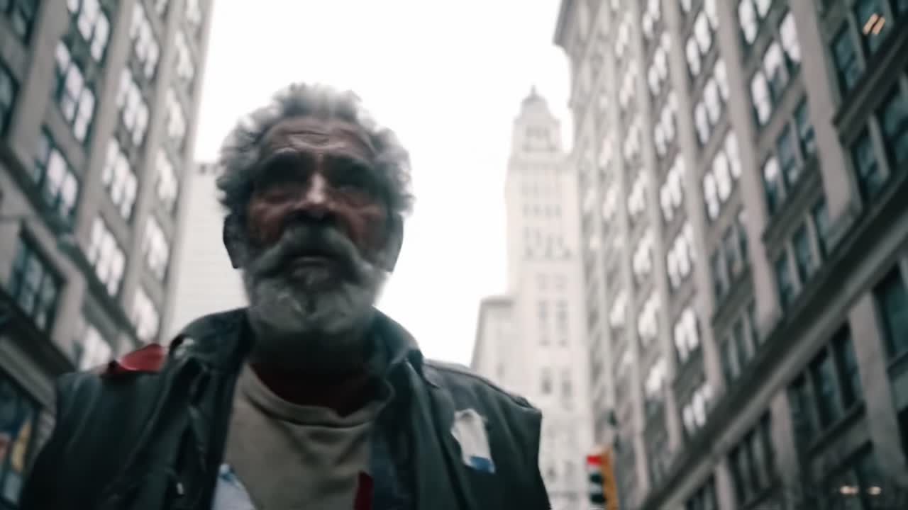 A Solemn Journey Through the Urban Landscape: Captivating Scenes Featuring a Weathered Man Amidst the Bustling City Streets, Representing Resilience and Struggle