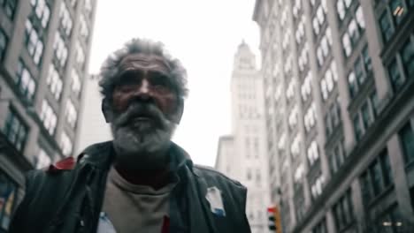 a solemn journey through the urban landscape: captivating scenes featuring a weathered man amidst the bustling city streets, representing resilience and struggle