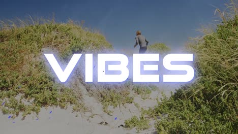 animation of good vibes text over man running on the beach