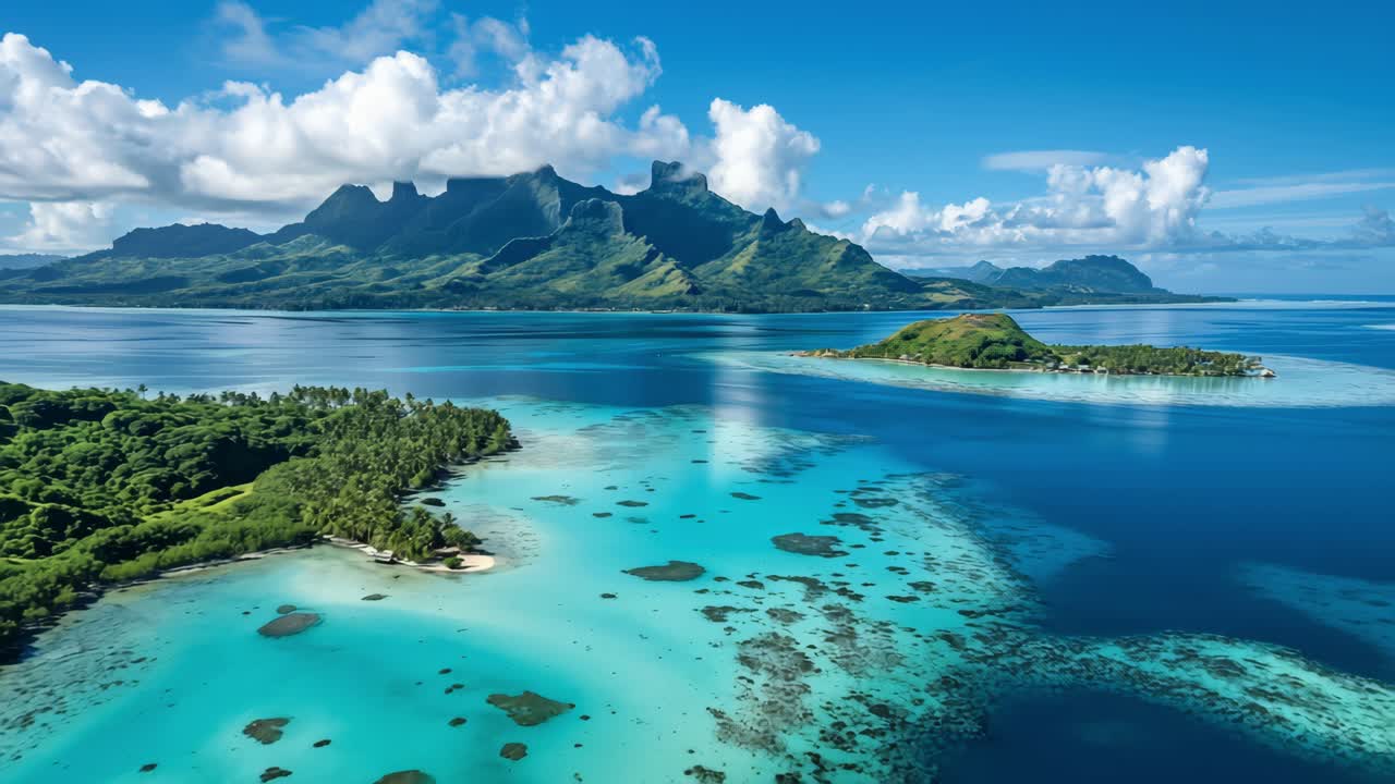 Aerial view of turquoise crystal clear waters reflecting Mount Otemanu in Bora Bora, French Polynesia, with lush vegetation, coral reefs, and white sand beaches under a cloudy sky