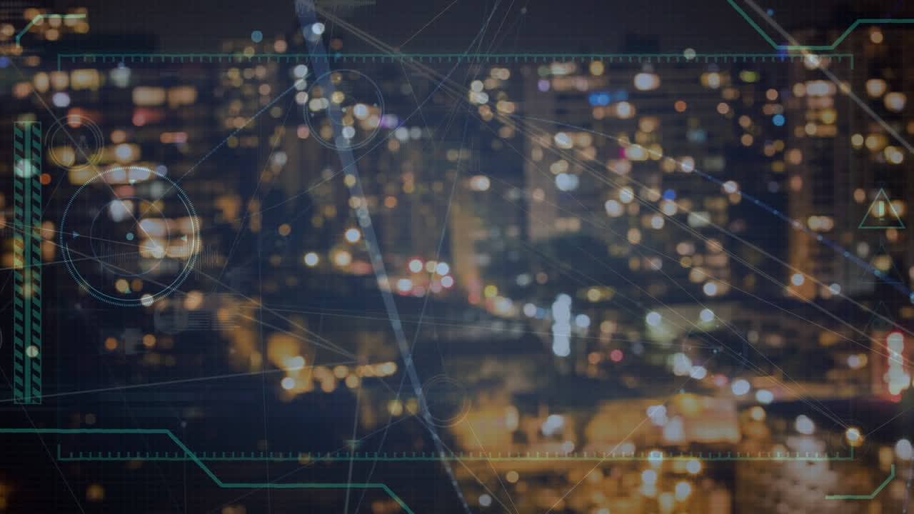 Animazione di rete di connessioni con cornice digitale su paesaggio urbano notturno sfocato