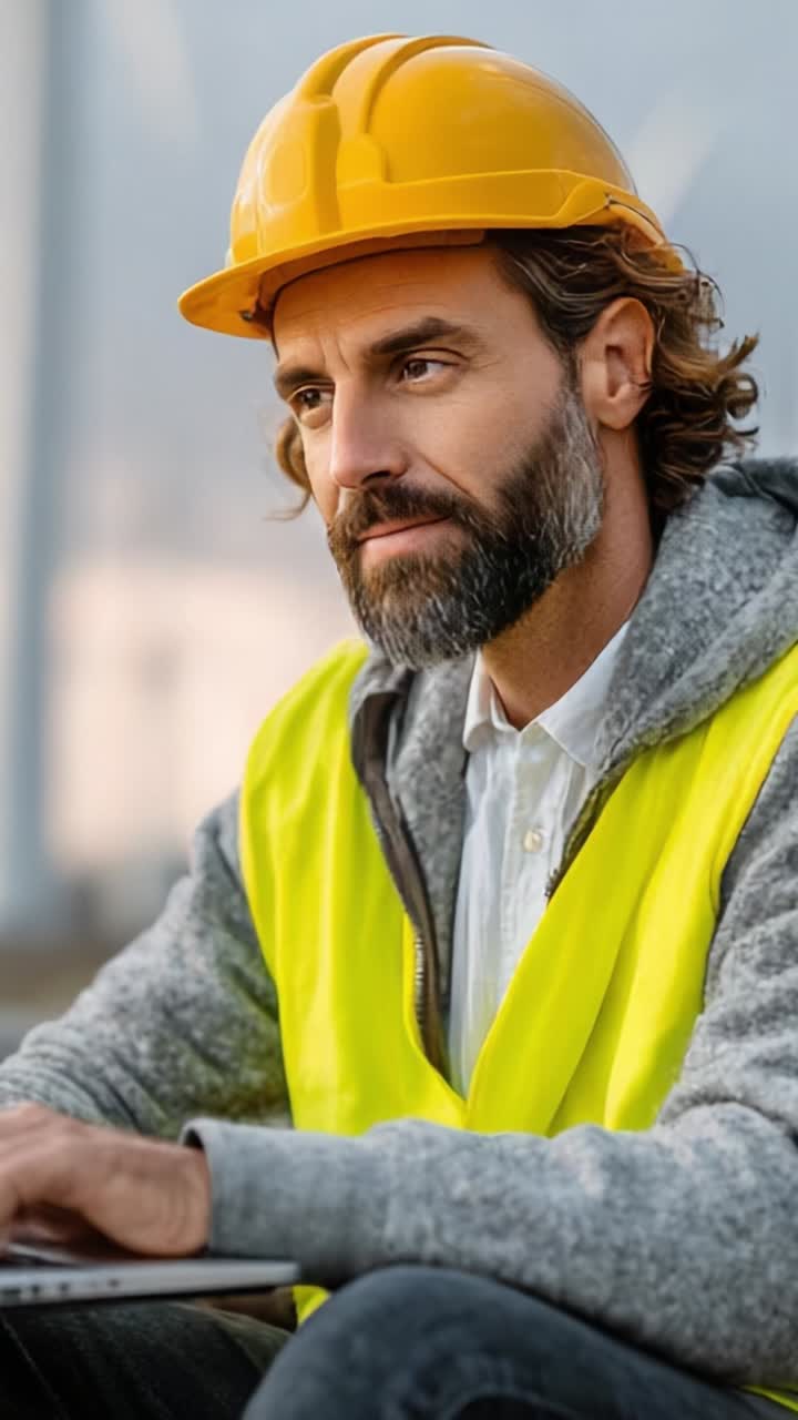 Operaio edile concentrato con dispositivi di sicurezza che utilizza la tecnologia all'aperto, sottolineando dedizione e professionalità nel moderno ambiente di lavoro