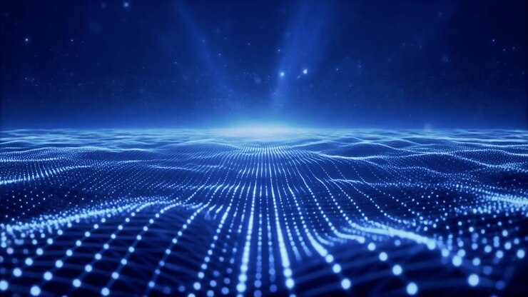 Onda digitale astratta di particelle blu luminose