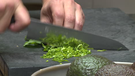 chef chopping herbs and avocado