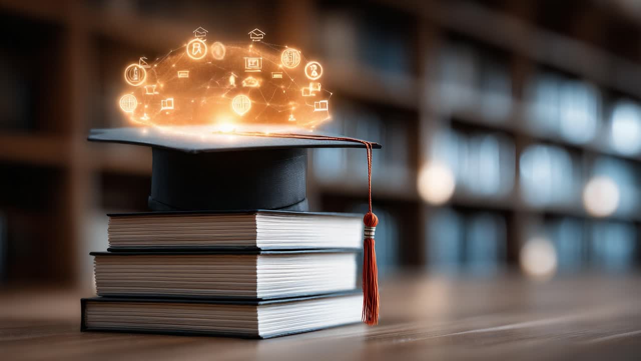 A Creative Exploration of Graduation: Showcasing the Symbolism of Knowledge, Learning, and Digital Connectivity Through an Academic Cap Resting on Books
