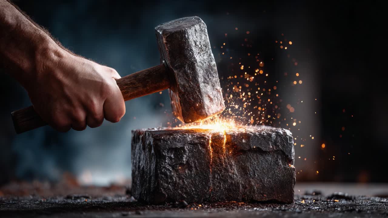 Dynamic Hammer Striking Metal: A Captivating Display of Craftsmanship and Fire as Sparks Erupt from a Heated Steel Block Under Intense Force