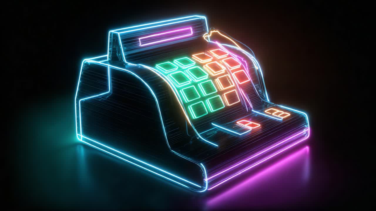 Un registratore di cassa illuminato al neon che mostra colori vivaci su uno sfondo scuro, catturando perfettamente la moderna fusione tra tecnologia ed estetica retrò nel design del settore retail