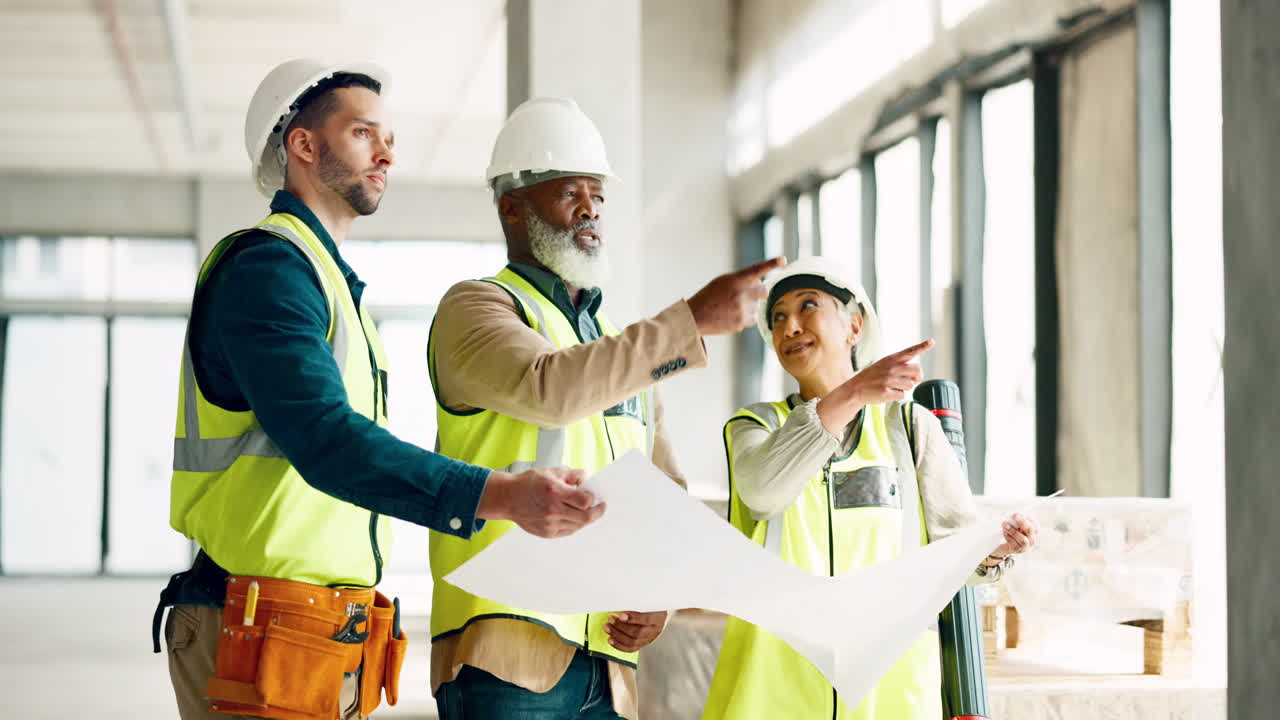 Architect, team and construction site blueprint