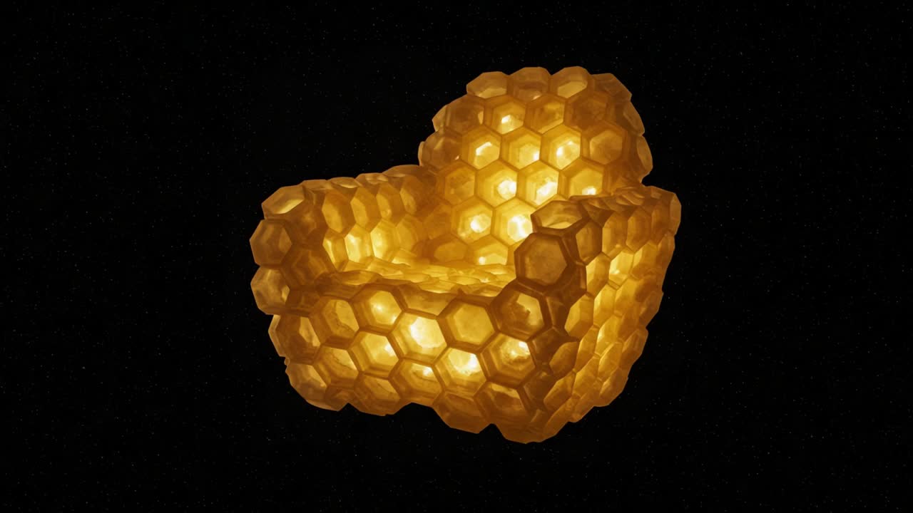 An Innovative Honeycomb-Inspired Chair Emitting Warm Light in a Dark Background, Showcasing Unique Design and Modern Aesthetics for Contemporary Spaces