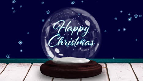 animación de felicitaciones de navidad en globo de nieve en tablas de madera, estrella fugaz y nieve cayendo