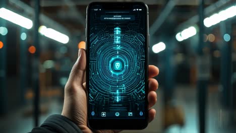 smartphone displaying futuristic holographic interface in tech space