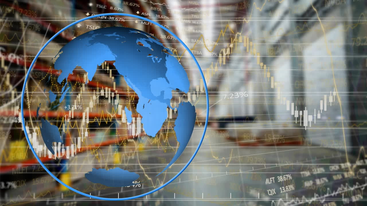animación del globo y procesamiento de datos financieros sobre el almacén