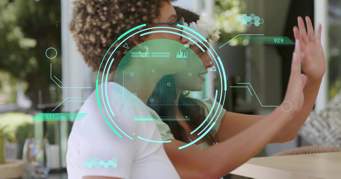 Two women glancing off-screen and engaging floating holographic data charts for technology analysis