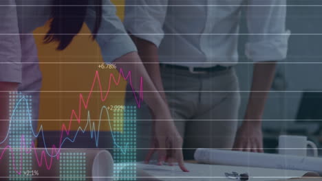 animation of graphs over hands of diverse businesspeople working