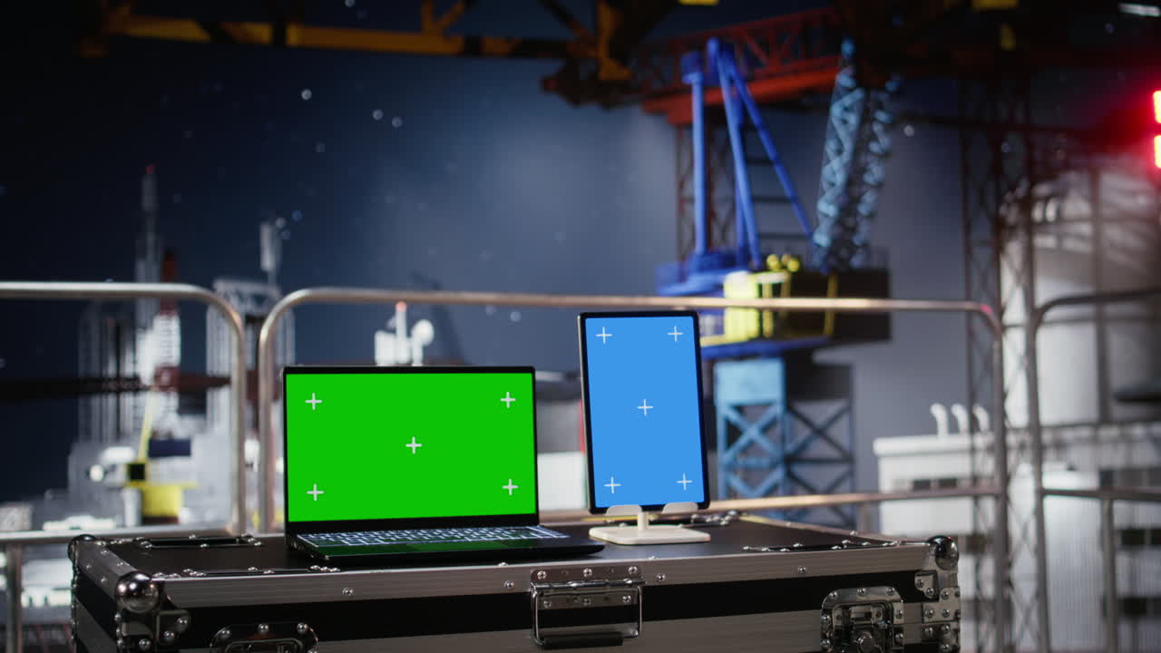 Green and blue screen on devices support offshore drilling rig calibration