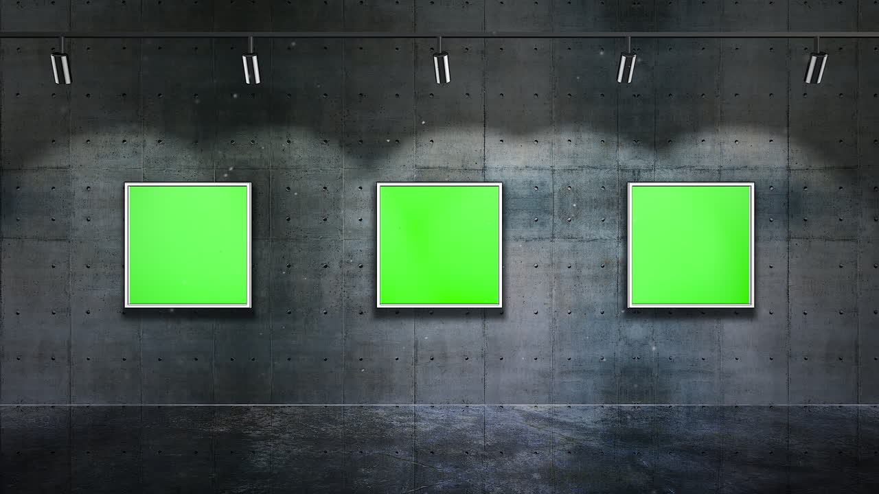 그림이 있는 아트 갤러리의 모션 카메라와 녹색 모형 스크린 아트 배경 2가 있는 현대적인 프레임