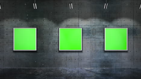 motion camera in art gallery with picture and modern frame with green mockup screen art background 2