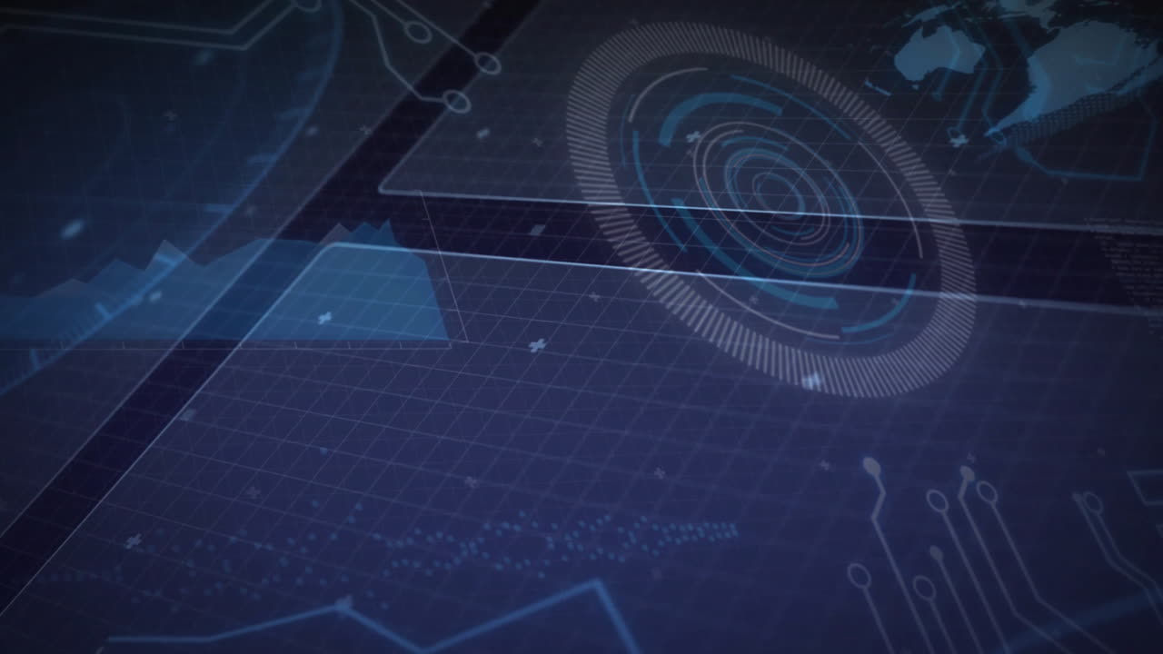 Circular HUD interface graphic being animated over blue grid featuring data panels with waveforms