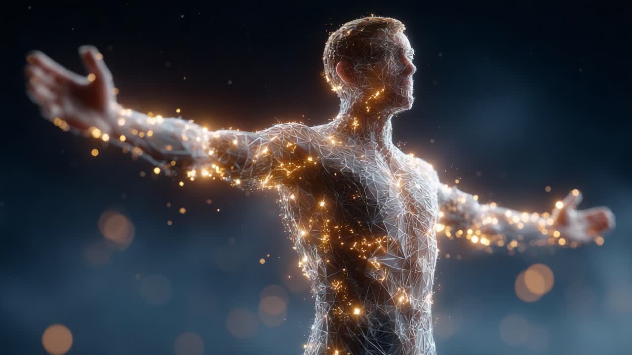 A mesmerizing depiction of a glowing, abstract figure radiating light and energy, symbolizing connection and the fusion of technology with the human essence