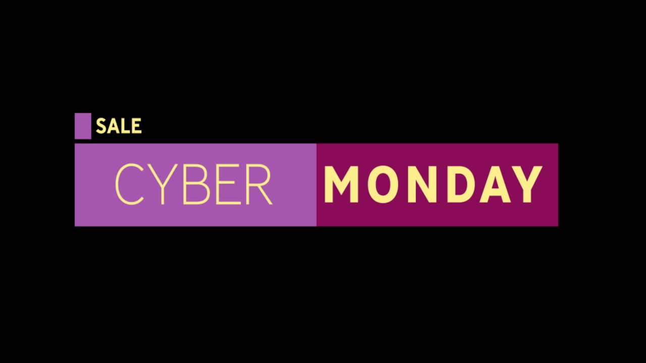 texto de venta de cyber monday amarillo y púrpura que aparece contra una pantalla negra