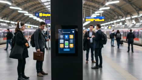 modern commuters interacting with digital information kiosk at a busy transportation hub, highlighting smart technology and urban transit solutions
