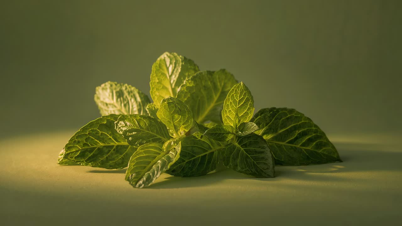 La telecamera ingrandisce e la calda luce dello studio mette in maggiore risalto le foglie di menta fresca sul tavolo.