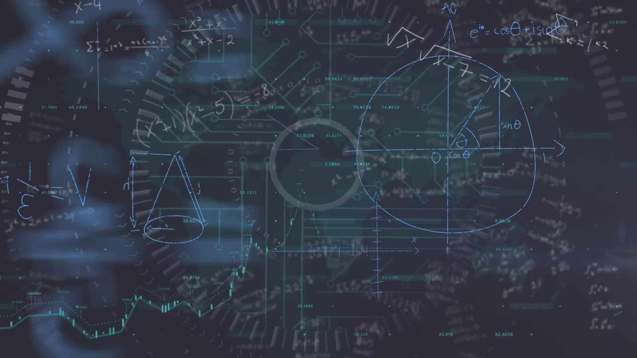 Animation of mathematical equations and scopes scanning over dark background