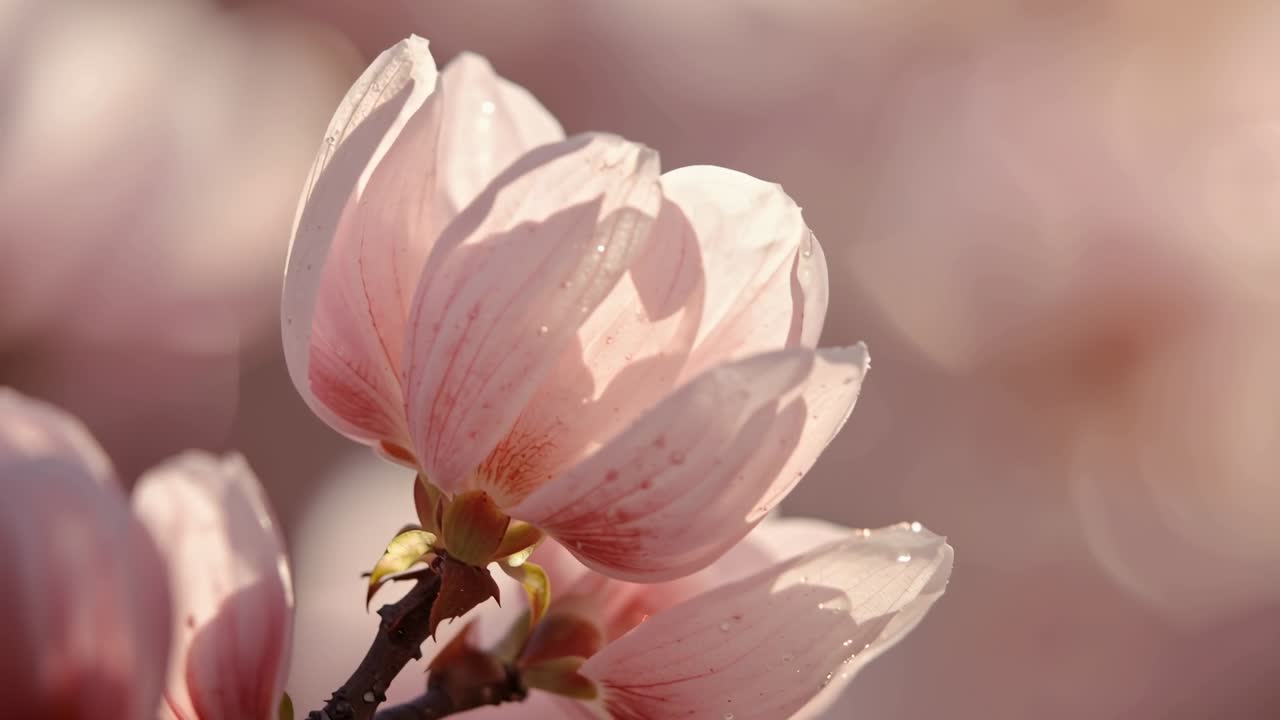 Camera pulling focus on pale pink magnolia blossoms on branch in garden, revealing dew and bokeh