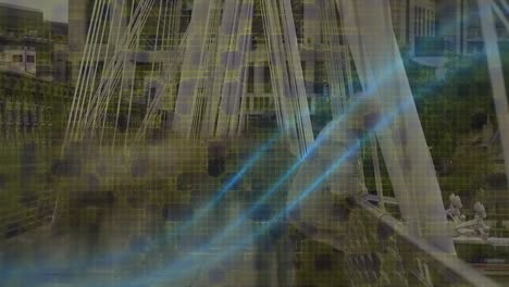 senderos de luz azul contra el lapso de tiempo de las personas que caminan por el puente