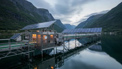 a stunning view of a solar-powered facility overlooking a tranquil lake surrounded by majestic mountains under a softly clouded sky at dusk