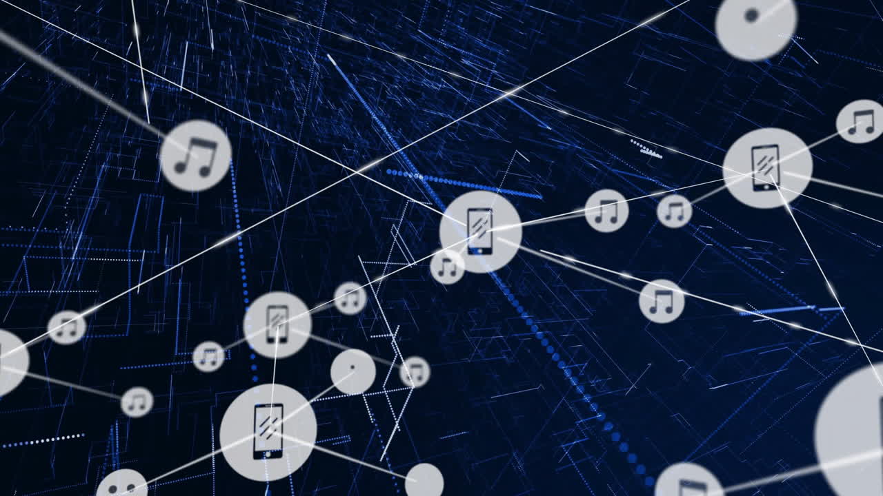 Animation of music and smartphone icons connected by lines over digital network