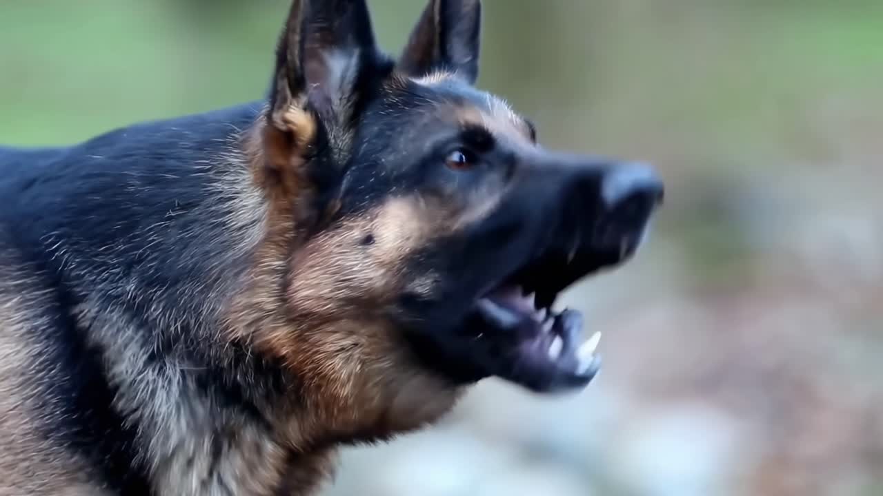 Close-up video of a German Shepherd barking, captured from a side angle, showing intensity