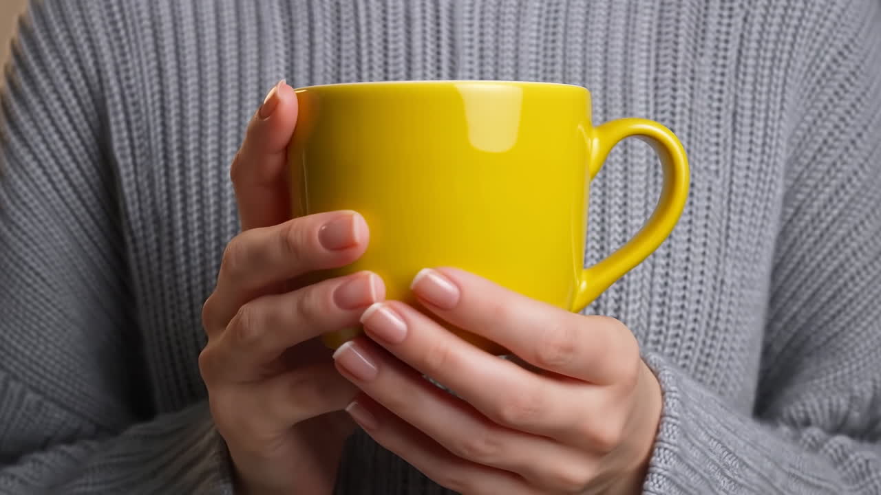 Mani caucasiche che tengono una tazza gialla, manica di maglione grigio, caffè o tè caldo, rituale mattutino rilassato, morbido.