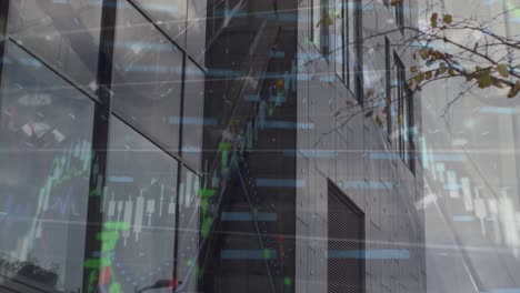 animation of financial data processing against tall building