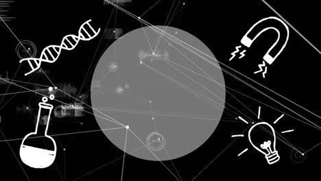 animación del procesamiento de datos científicos y la red de conexiones sobre un fondo oscuro