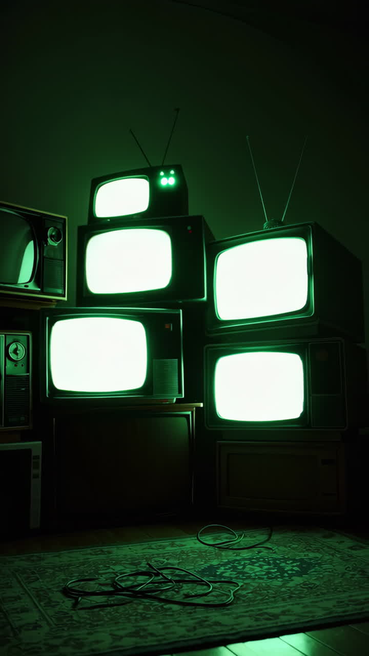 Stack of Retro Televisions with Glowing Green Light in a Dark Room