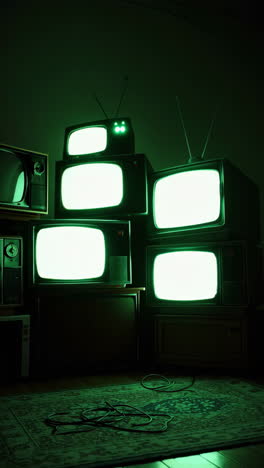 stack of retro televisions with glowing green light in a dark room
