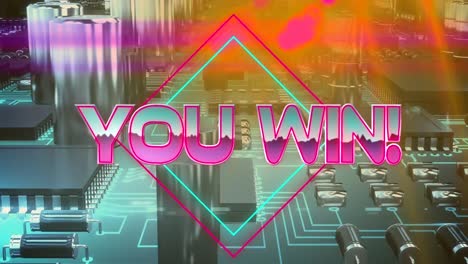 Animation-of-pink-metallic-text-you-win,-over-neon-lines,-over-computer-motherboard