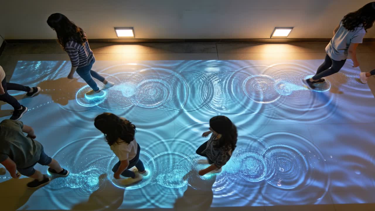 Un groupe de personnes marchant en baskets et tenue décontractée créant des ondulations sur une projection au sol dans une galerie pour une exposition