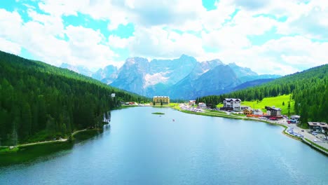 view of the lake braies in dolomites mountains, italy