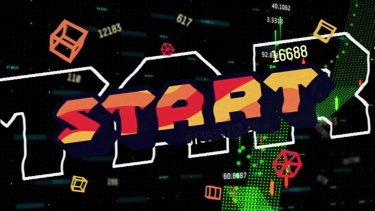 Animation of start text over shapes and data processing on black background