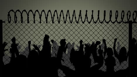 animation of raising hands over fence